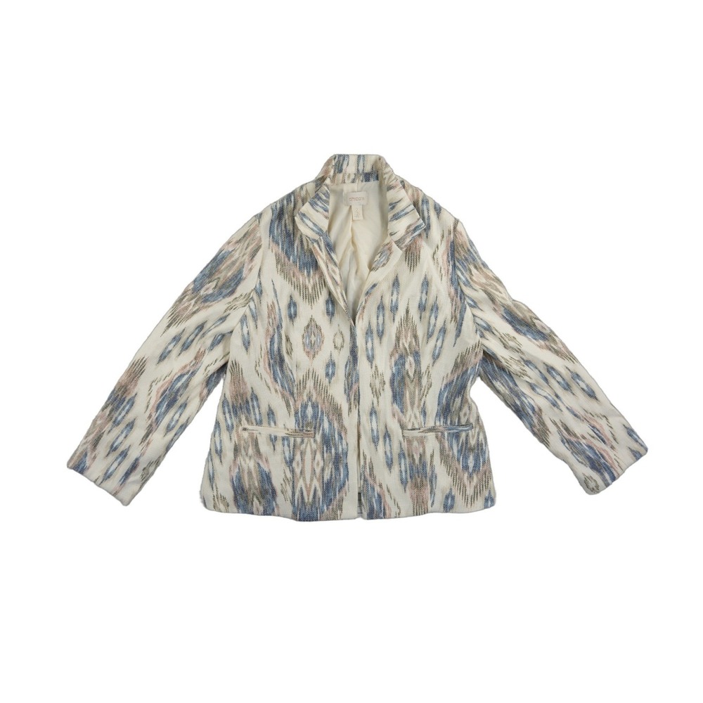 Chicos Blazer Jacket Women's.Size 2 US Large Blue Tan Ikat Open Front Woven - Picture 2 of 8